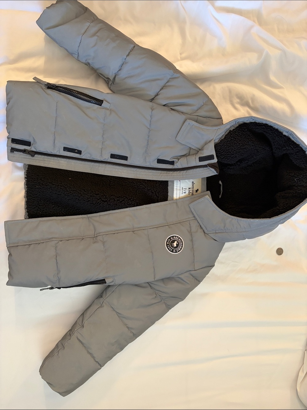 abercrombie kids Gray Puffer Jacket with Black Sherpa Hood
